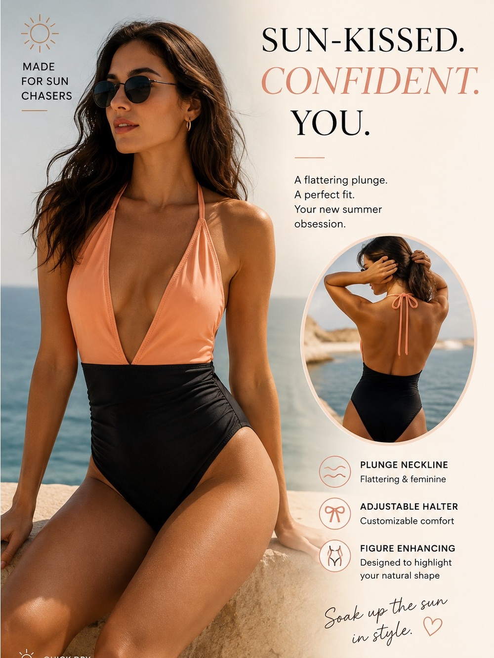 plunge Halter One-Piece Swimsuit - Peach and Black